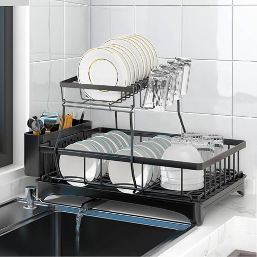 Scolapiatti Rimovibile Salvaspazio Nero 2 Livelli, Scolapiatti Appoggio Cucina con Vassoio Acqua Ugello Rotante 360°, Porta Utensili Risparmio Spazio con Vassoio Lavello, Portabicchieri, Portapiatti