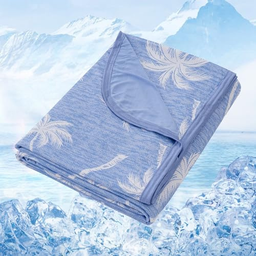 VK·LIVING Coperta Rinfrescante Doppia Faccia Q-Max 0.42 – Motivo Tropicale, Leggera e Traspirante contro Caldo per Letto, Divano, Viaggi,200x220cm, Blu
