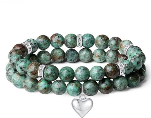AWARDSEN 2 Stück Herz Edelstein Armband Damen Geschenk für Frauen | AWARDSEN Kristall 8mm Edelstein Schmuck, Heilsteine Armband, Partnerarmbänder