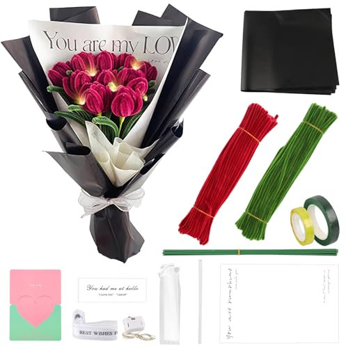 Pipe Cleaners for Craft, Colourful Flexible Chenille Stems Including Flower Rod, Tape,Craft Glue, Ribbon, Craft Supplies for DIY Tulip Bouquet for Valentine's Day Anniversary Mother's Day (Red)