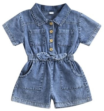 Geagodelia Summer Toddler Girl Jean Overall Short Sleeve Denim Romper Little Girl Shorts Jumpsuit One Piece Outfits for Kids 1-5 Years (Blue, 3-4 Years)