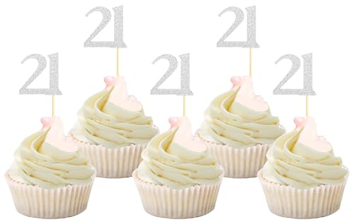Sotpot 21st Birthday Cupcake Toppers Silver Glitter Happy 21 Years 30pack for 21st Birthday Anniversary Party Supplies