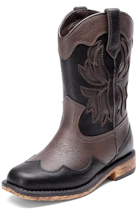 DREAM PAIRS Stivali da cowgirl per ragazze e bambini - Punta quadrata - Al polpaccio - Scarpe da equitazione in stile western alla moda per neonato/bambino piccolo/bambino grande, Marrone Nero, 37.5