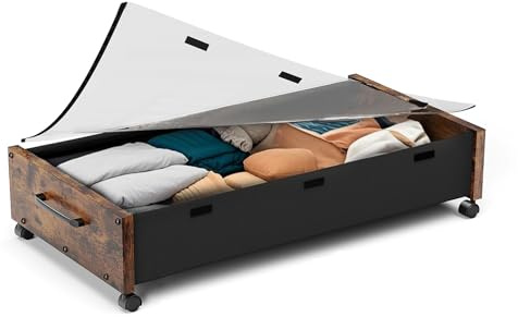 Under Bed Storage with Wheels, Wooden Storage Containers Extra Large Underbed Shoes Organizer, Rolling Under Bed Storage Drawers with Clear Lid, Heavy Duty for Clothes Toys 36L (Vintage Brown-1pack)