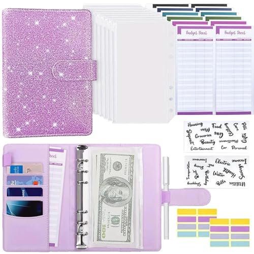 Budget Planner, Binder - Haushaltsbuch A6 Planner Geldumschläge Umschlagmethode,Budgetplaner Geld Organizer Sparbuch Mit Folien Für Finanzplaner Sparen Mappe,Cash Stuffing Startset, Rosa/Lila