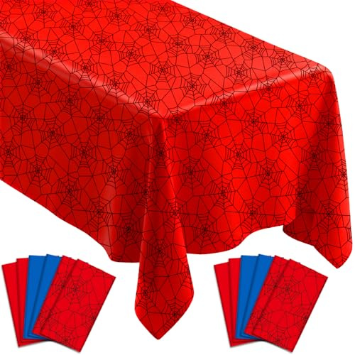12Pcs Spider Theme Tablecloths Disposable Hero Party Plastic Table Cover Large Rectangle Red Blue Spiderweb Table Cloth for Kids Boys Spider Birthday Party Decorations Baby Shower Supplies 108x54 Inch