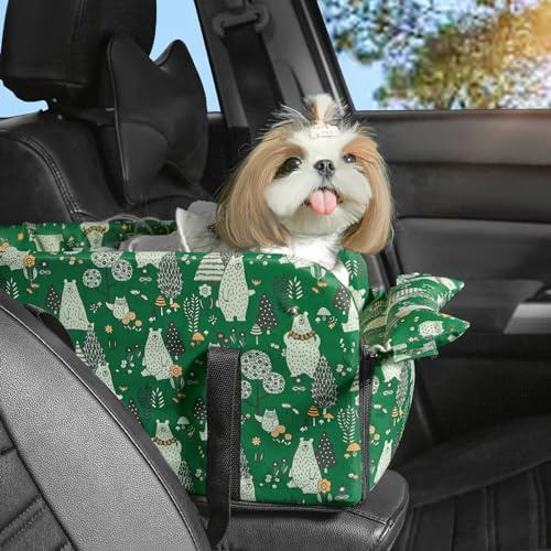 ROMROL Dog Car Seat for Center Console - Pet Booster Seat with Safety Belt & Non-Slip Base, Double Fixing System for Small Dogs Under 15 LBS, Portable Pet Bed, Green