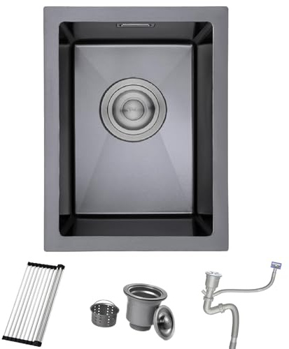 Bokaiya 35 x 45 cm Évier de Cuisine Noir 1 Bac, Petit Évier de Cuisine En Acier Inoxydable Montage Encastré ou Supérieur avec Trop-Plein, Siphon, Support Enroulable