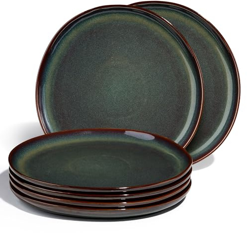 Onader Teller 6er set, 26,5cm Speiseteller Steingut, Unregelmäßig Rund Kuchenteller Porzellan, Geschirr Essteller zum Servieren, Anti-Kratzer & Mikrowellenfest – Reaktives Moosgrün