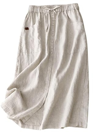 Gonna Estiva Donna Al Ginocchio Cotone E Lino Tinta Unita Gonne Estive Donna Elastico In Vita Boho Gonna Midi Larga A Trapezio Con Tasche Gonne Estive Leggere A Vita Alta Con Coulisse Gonne Midi