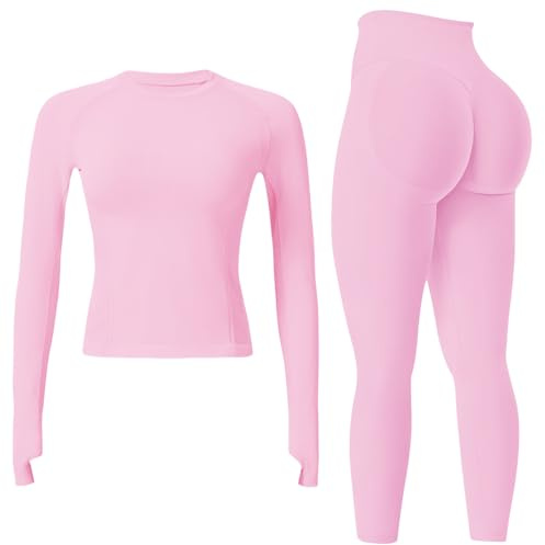 JN JANPRINT Seamless Gym Sets for Women 2 Piece Long Sleeve Top Hidden Scrunch Leggings Yoga Outfits Tracksuit
