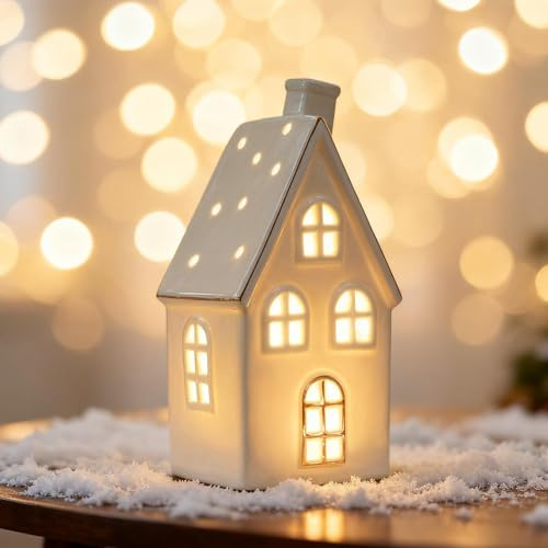 Weihnachtsdorf Beleuchtet Weiß,Mini Lichthaus Gästehaus Weihnachtslaterne LED,Lichthäuser Keramik Weiß Teelichthalter Windlicht Haus Weihnachtshäuser Weihnachtsdeko,Keramikhaus Skandinavisch (A)