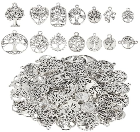 CRAFTYMELODY 84 pezzi 14 stili di ciondoli albero della vita in lega stile tibetano ciondoli albero in argento antico cava piatta rotonda ovale a forma di cuore