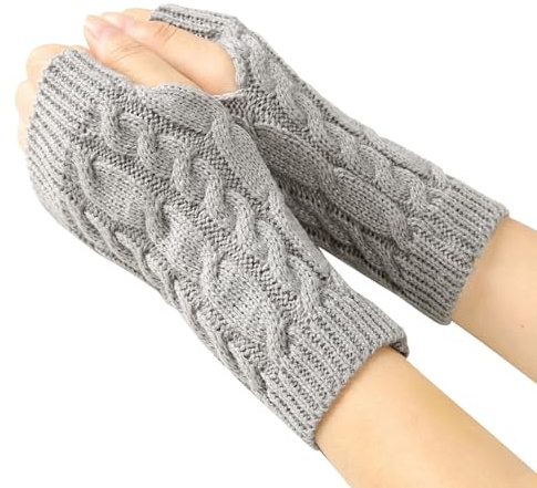 KASLCWA Fingerless Gloves, Wrist Warmers, Fashion Warm Soft Comfortable Wrist Gloves, Stretchy Cable Knitted Fingerless Glove, Warm Knit Crochet Glove for Work Outdoor Gifts (Light Grey)