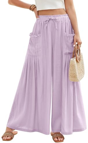 CMTOP Pantalones Mujer Verano Lino Cómodos Ligero Pantalon Anchos Fluido Cintura Alta Elástica Pantalones Flojo Playa Casual Frescos Pantalon con Bolsillos