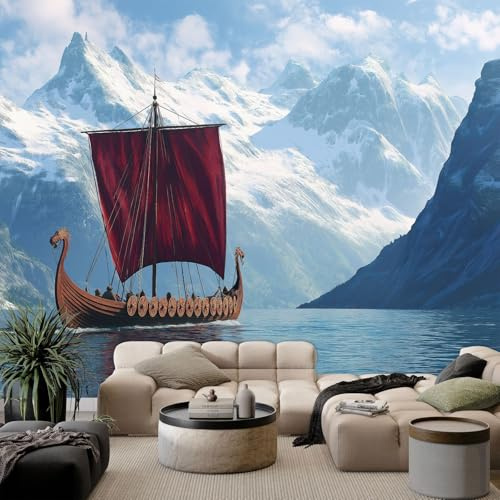 Fotografía De La Naturaleza Papel Tapiz Fotográfico Fiordo Del Mar De Barents Barco Vikingo Fotomurale 300 x 210 cm, Art Mural Azul Papel Pintado Fotomural - Cafe Restaurant Dormitorio Hoga Murale