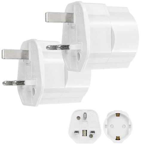 Adaptador Enchufe UK de España a Reino Unido con Fusible 13A, Adaptador Enchufe Inglaterra Tipo G, Adaptador Universal Viaje, 220-250 V, 2 Unidades, Blanco