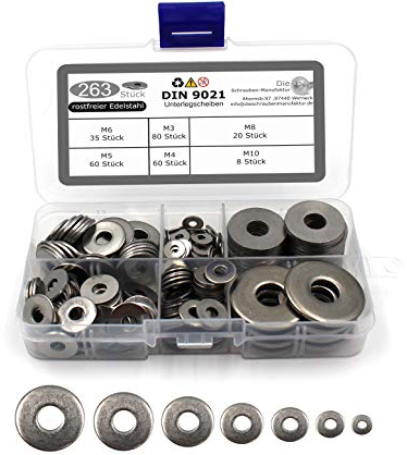 263 teiliges Set aus Unterlegscheiben nach DIN 9021 / ISO 7093 Standard rostfreier Edelstahl A2 V2A Beilagscheiben M3-M10 (263 Teile)