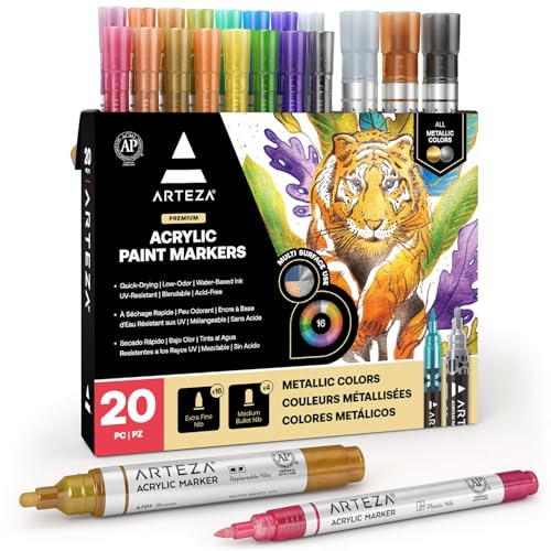 ARTEZA Metallic Acrylic Paint Markers – Set of 20 Paint Pens with Bullet & Wide Nibs for Glass, Rock, Ceramic, Plastic, Canvas, Wood & Fabric Projects