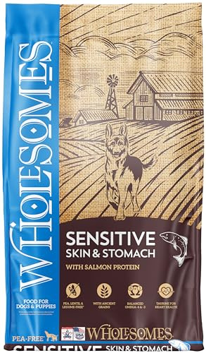 Wholesomes Sensitive Skin & Stomach Dry Dog Food, Salmon Protein & Brown Rice Recipe, Ancient Grains & Omega Fatty Acids for Digestive Health, 30 lb Bag