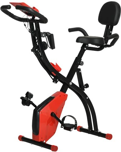 HOMCOM 3-in-1 Folding Exercise Bike, Foldable Stationary Bike with 8-Level Adjustable Magnetic Resistance, Arm Resistance Band, Pulse Sensor and LCD Monitor, Red
