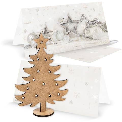 Logbuch-Verlag 3 weihnachtliche Grußkarten ohne Text silber weiß + Umschläge + Dekobaum aus Holz - edle Weihnachtskarten