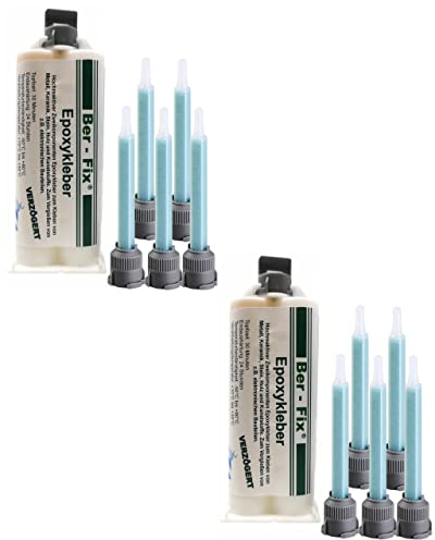 Ber-Fix 2K Epoxidharz Kleber 30 Min – Starker 2-Komponenten-Kleber für Kunststoff, Metall, Holz, Glas, Stein, Beton 2x 50g Kartusche + 10 Spitzen