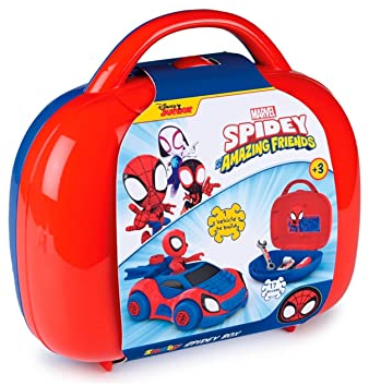 Smoby - Valigetta degli attrezzi di Spidey, 7600360905, +3 anni, 17 accessori inclusi, auto Spidey da costruire, personaggio Spidey