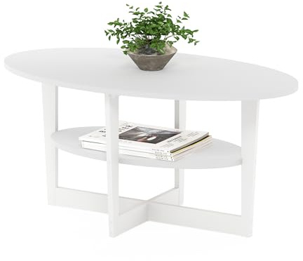 Furinno JAYA Coffee Table, 2-Tier Round Modern Coffee Table with Oval Tabletop, Side Table with Open Shelf, for Living Room, Bedroom, Home Office, White