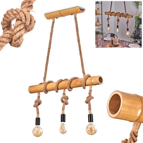 Pendelleuchte Asmara, Hängelampe aus Bambus/Kordel in Braun/Natur, Hängeleuchte im Retro/Vintage-Design mit Stab aus Bambus, Höhe max. 123 cm, 3 x E27, ohne Leuchtmittel