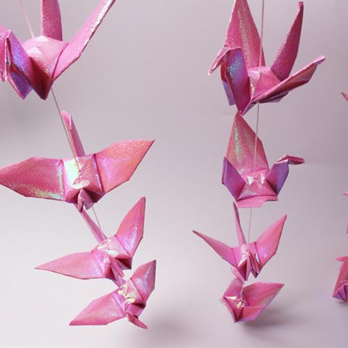 Large Twinkle Pink Origami Paper Crane Hanging Garlands (4.6ft X3strings) Premade Folded Handmade Origami Birds Streamers for Wedding Bridal Shower Baby Shower, Birthday Party Supplies