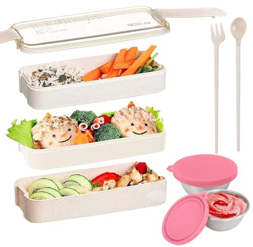 PIWOSGOL Boîte Bento,3 Couche Boite Repas avec 2 Pots à Sauce & Couverts, Anti Fuite Bento Lunch Box, Lunch Box Micro Ondable pour Enfant Adultes Pique-Nique, Bureau, Voyage