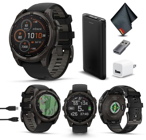 Garmin Fenix 8 Sapphire GPS Smartwatch Solar 47mm (Carbon Gray) Bundle | For Running, Training & Health | Men & Women | Multisport GPS | Built-In Flashlight