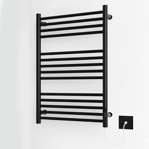 Greened House Siena Black Electric Heated Towel Rail 600mm W x 720mm H | Stainless Steel, Matt Black Finish, Towel Warmer, Bathroom, 2/4hr Timer, Towel Radiator, Energy Efficient, Wall Mounted