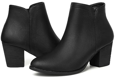 SHIBEVER Women's Ankle Boots Heel: Black Chunky Block Heels Slip On Almond Toe Boots Side Zip Leather Booties 7.5