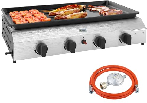 Outsunny Barbecue a Gas in Acciaio, Piastra a Gas Smaltato a 4 Bruciatori da 2.4kW, Griglia Barbecue Portatile con Piedini Regolabili e Vassoio Raccogli Grasso, Regolatore, Tubo, Argento