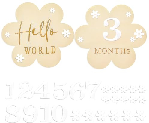 Meilensteinkarten Baby Monatliche Meilenstein Karten DIY Blumen Monatskarten Baby Holz 0-12 Monaten Schwangerschaft Deko für Babyfoto und Kinderzimmer Babyparty Wachstumsaufzeichnung, Blütenform