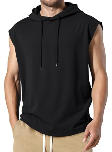 JMIERR Men's Loose Fit Short Sleeve Drawstring Hooded Tank Tops T Shirt - Casual Cotton Hoodies Sweatshirts Tee Shirts for Gym Workout Daily Wear, 2XL, Black