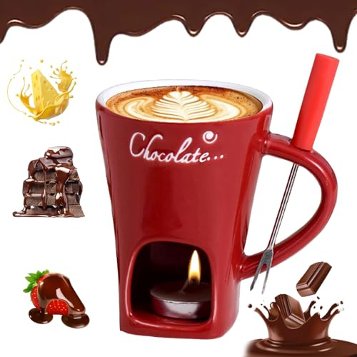 HBSFBH Taza de Fusión de Chocolate, 200 ML Juego de Fondue de Chocolate, Taza de Cerámica para Derretir Chocolate con Tenedores y Vela de Té, Taza de Fusión de Queso, Tazas de Fondue de Chocolate (A)