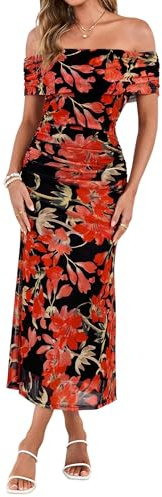 Simplee Womens Summer Floral Off Shoulder Maxi Dress 2026 Spring Ruched Bodycon Formal Wedding Guest Cocktail Dresses Black Red