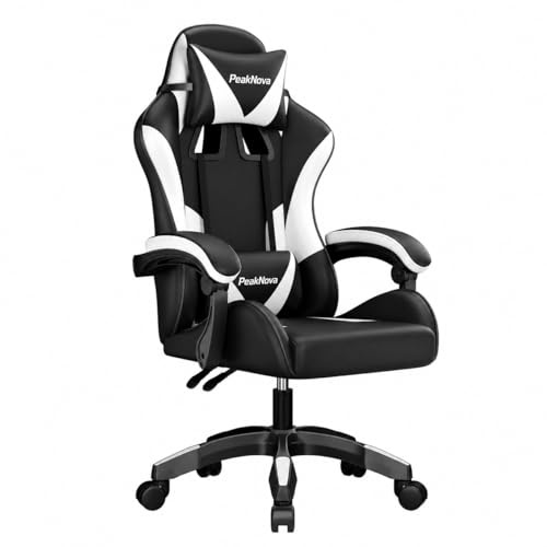 EaseZen Sedia Gaming Sedia Gamer Ergonomica con Cuscino per la Testa, Cuscino Lombare, Regolabile in Altezza e Girevole a 360°, per Ufficio o Gaming (Nero/Bianco)