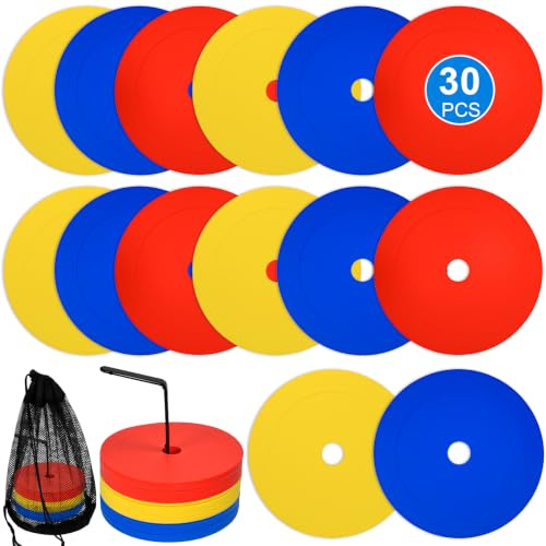 Set 30 Conos Entrenamiento Futbol Planos 155mm 2.5mm Discos para Futbol Base Entrenamiento Futbol Agilidad y Psicomotricidad Cinesini Deportivos Pesados Anti Viento con Soporte Practico Bolsa Rejilla
