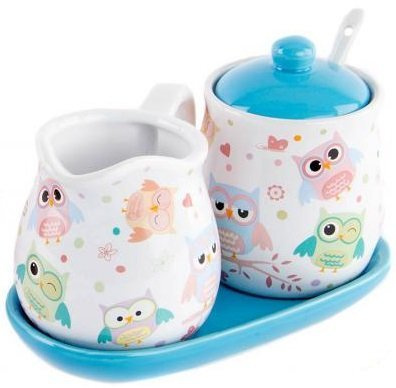 AVENUELAFAYETTE Sucrier + Pot à Lait Hibou en céramique (Bleu)