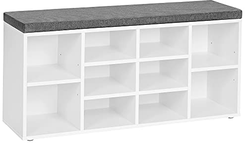 VASAGLE Schuhbank, Schuhregal mit Sitzfläche, Sitzbank mit Stauraum, gut gepolstert, Flurbank mit 10 Fächern, verstellbaren Ablagen, für Schlafzimmer, 30 x 104 x 48 cm, weiß-grau LHS10WT