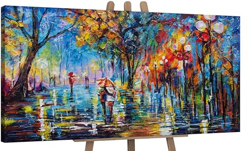 YS-Art Pintura hecha a mano Callejón de otoño Paisaje acogedor Decoración de pared colores vivos Figuras humanas abstractas 140x70 cm