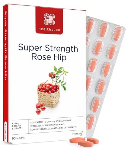 Healthspan Hagebutte 12.500 mg | Vitamin C und Calcium | Muskel-, Knochen-, Gelenk- und Immungesundheit | Carotinoide | Polyphenole | Flavonoide | Rosa Canina | Vegan | 90 Tabletten