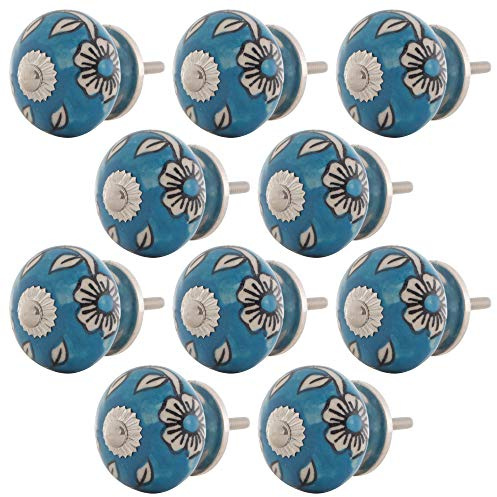 Knober 10 X Möbelknopf Blau mit blume weiß | Montur aus Edestahl silber| Möbelknöpfe 40mm Knauf | SAFRA Serie