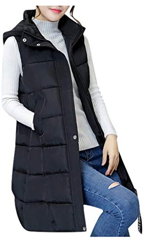 HHMY Lång quiltad väst dam: Buffertväst med huva ärmlös väst elegant jacka vinterkappa övergångsjacka dammode ståkrage, dragkedja, väska, M – 3XL, svart, 3XL