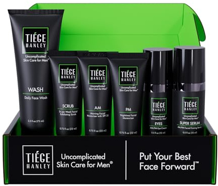 Tiege Hanley Anti-Aging Men's Skin Care Set, 30-Day, 6 Piece Kit | Level 3 Anti-Aging Routine, Daily Face Wash, Facial Scrub, Eye Cream, Serum & AM SPF & PM Moisturizers