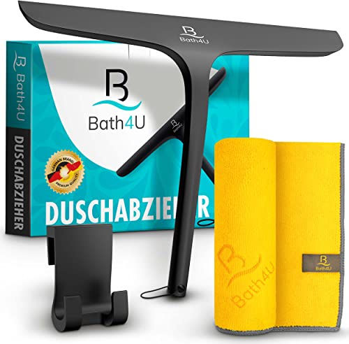 Bath4U Moderner Duschabzieher mit breiter Abziehfläche (27,5 cm) | Inkl. GRATIS Mikrofasertuch für streifenfreie Ergebnisse | Hygienischer Edelstahlkern mit rutschfestem Silikonmantel | 27,5cm inkl Mikrofasertuch für streifenfreie Ergebnisse hygienisch mit rutschfestem Silikonmantel Hygienischer Duschwischer